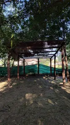 a wooden pavilion with trees and a green fence at Cabañas misueño in Villa Ciudad de America