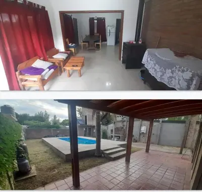 two pictures of a living room and a house at Casa El Aromito Anisacate in Villa Anizacate