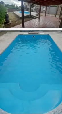 two pictures of a blue swimming pool at Casa El Aromito Anisacate in Villa Anizacate