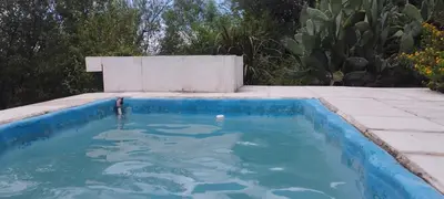 a swimming pool in the middle of a yard at Cabaña La Peulla in Cuesta Blanca