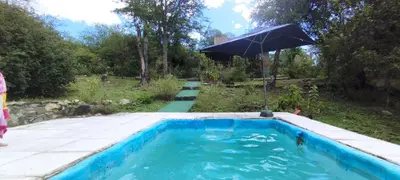 a swimming pool with an umbrella in a yard at Cabaña La Peulla in Cuesta Blanca