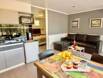 a kitchen and living room with a table with a bowl of fruit at Rumbo 020 Apart in Merlo