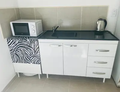 a kitchen with a sink and a microwave on a counter at Departamentos Arroyo de Los Patos in Arroyo de Los Patos
