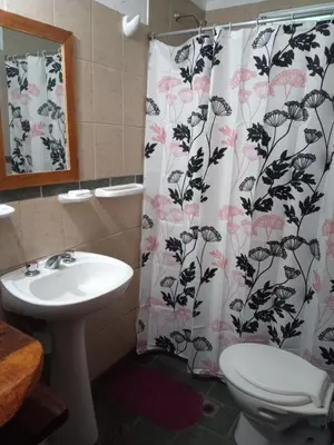 a bathroom with a sink and a shower curtain at La Rinconada Nono in Nono