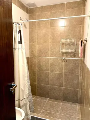 a bathroom with a shower with a toilet and a sink at Depto Palmar in Villa Carlos Paz