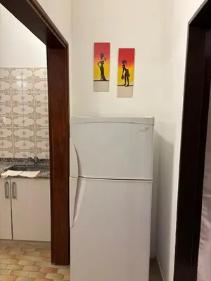 a refrigerator in a kitchen with three paintings on the wall at Complejo playa de oro 1 in Villa Carlos Paz