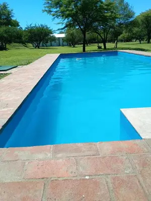 a blue swimming pool with a brick floor and trees at Elparadorlasbajadas in Las Bajadas