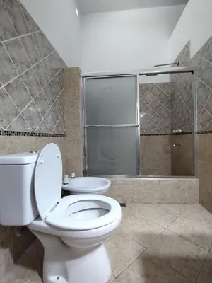 a bathroom with a white toilet and a shower at Departamentos Elisabeth in Tanti