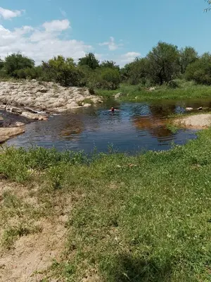a person swimming in a river in a field at Cabaña las chinitas in San Lorenzo