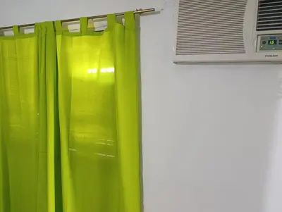 a green curtain next to a window and a air conditioner at Soles in Cordoba