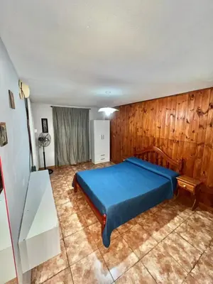 a bedroom with a blue bed and wooden walls at La roca in Villa Carlos Paz