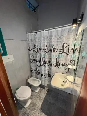 a bathroom with a toilet and a sink and a shower curtain at La roca in Villa Carlos Paz