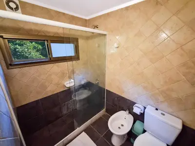 a bathroom with a toilet and a shower at Cabañas Balcon al Champaqui in Villa General Belgrano