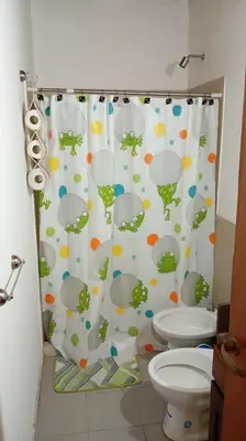a bathroom with a shower curtain with a toilet at Complejo La Tere- depto 2 in Cordoba