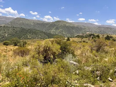 a view of a field with mountains in the background at Alojamiento en san clemente Pampa y Rio cabaña Lihuel in Santa María