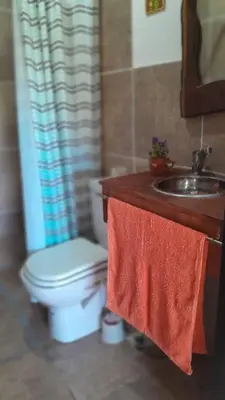 a bathroom with a toilet and a sink with towels at Puesto Kupuka in Villa de Las Rosas