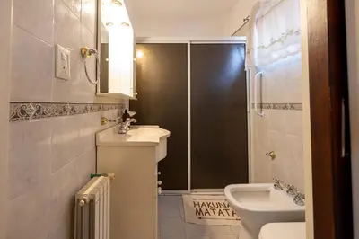 a bathroom with a shower and a sink and a toilet at Spacious apartment in a great location near downtown Villa Carlos Paz in Villa Carlos Paz
