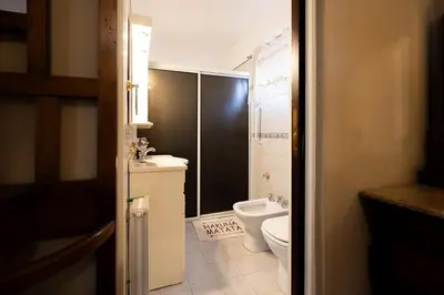 a bathroom with a toilet and a sink and a shower at Spacious apartment in a great location near downtown Villa Carlos Paz in Villa Carlos Paz
