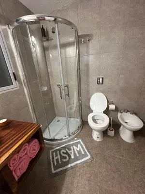 a bathroom with a shower and a toilet and a sink at Lo de Capretta 2 in Almafuerte