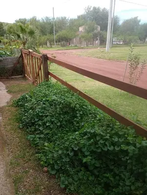 a wooden fence next to a lush green bush at Cabaña Villa del Dique, Calamuchita in Villa del Dique