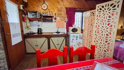 a small kitchen with a counter and a sink at Cabaña Té para Tres en Merlo San Luis in Merlo