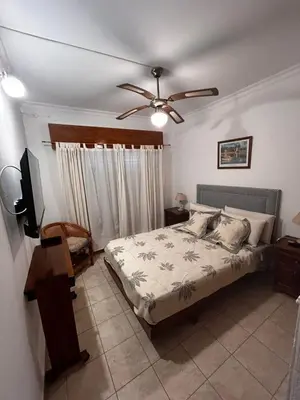 a bedroom with a bed and a ceiling fan at Santa Rita Dpto in Villa Carlos Paz