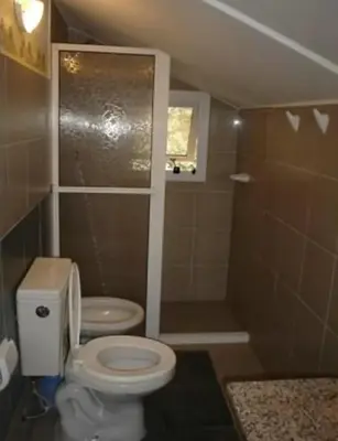 a bathroom with a toilet and a shower at Villa Gesell Diego Sarmiento in Villa Carlos Paz
