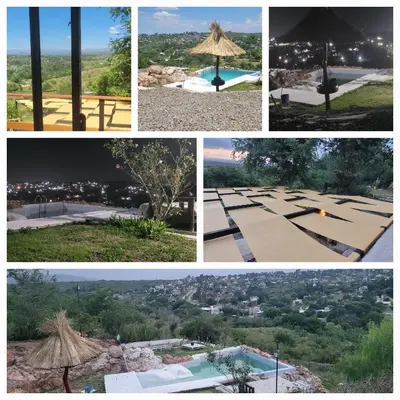 a collage of four pictures of a pool and an umbrella at Duplex qurub in Villa Parque Siquiman