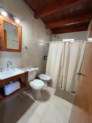 a bathroom with a toilet sink and a shower curtain at Sierra Dulce in Mina Clavero