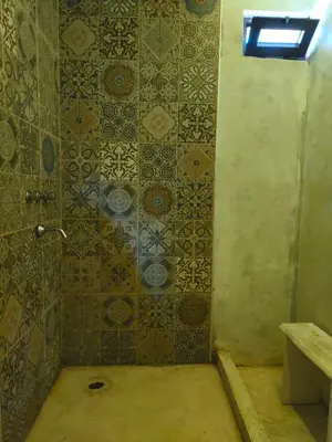 a bathroom with a shower with a tiled wall at Casas Serranas in La Bajada