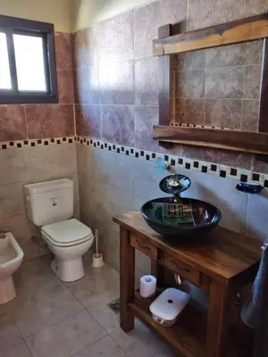a bathroom with a sink and a toilet at Complejo Aguas Calmas - Casa Laguna in Los Reartes