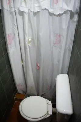 a bathroom with a toilet and a shower curtain at Tierra de Mariposas in Alta Gracia