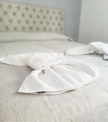 two white towels sitting on top of a bed at Apart Centro Zazu in Mina Clavero