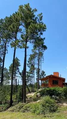 a house on a hill with trees in the foreground at Cabañas Aldea Lucerna La Cumbrecita in La Cumbrecita