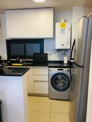 a kitchen with a refrigerator and a washing machine at Av Estrada 48 B Nueva Córdoba in Cordoba