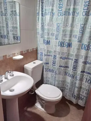 a bathroom with a sink and a toilet and a shower curtain at Monoambiente con piscina compartida in Mina Clavero