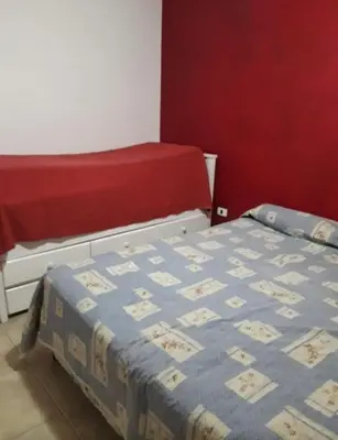 a bedroom with a bed and a red wall at Alquiler Temporal desde febrero in Villa Carlos Paz