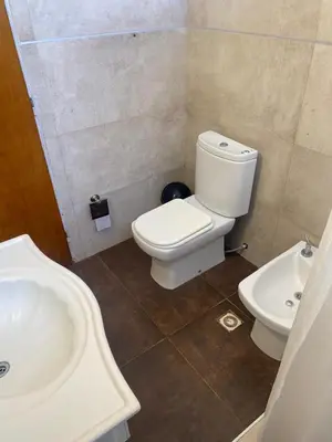 a bathroom with a white toilet and a sink at El Búho Apart in Villa Parque Siquiman