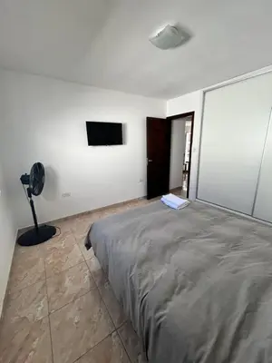 a bedroom with a large bed and a fan at Río segundo in Río Segundo
