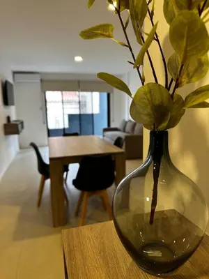 a vase with a plant in it sitting on a table at Departamento Premium Aqua II in Villa Carlos Paz