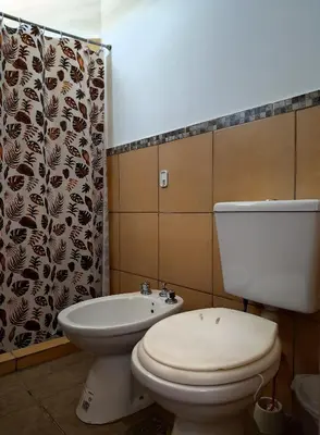 a bathroom with a toilet and a shower curtain at Complejo Gabriel - Departamentos Temporarios in Villa Carlos Paz