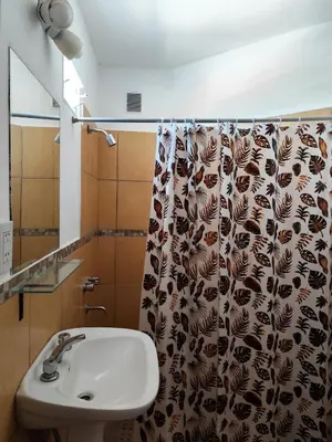 a bathroom with a sink and a shower curtain at Complejo Gabriel - Departamentos Temporarios in Villa Carlos Paz