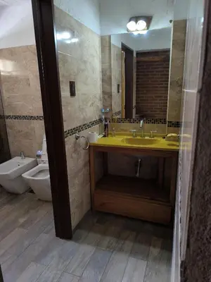a bathroom with a sink and a toilet and a mirror at Casa montaña & jacuzzi in Embalse