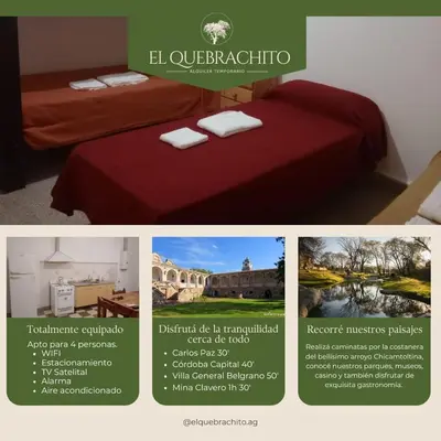 a collage of four pictures of a hotel room at El Quebrachito in Alta Gracia