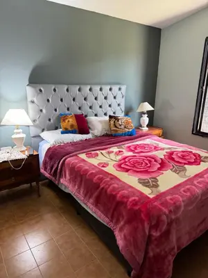 a bedroom with a large bed with roses on it at Chalet LA BERNI in Villa Carlos Paz