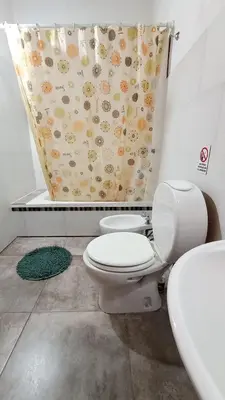 a bathroom with a toilet and a shower curtain at Departamento España in Santa Rosa de Calamuchita