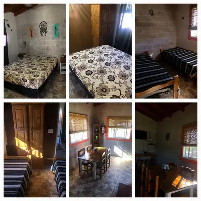 a collage of photos of a bedroom with a bed and a table at Villacumbreazul in Cuesta Blanca