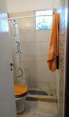 a bathroom with a shower with a toilet and a window at La candelaria in Villa Ciudad Parque