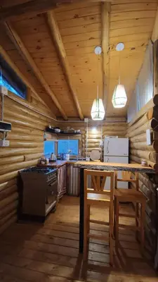 a kitchen with a table and a stove in a cabin at Cabaña el atardecer in Villa Anizacate