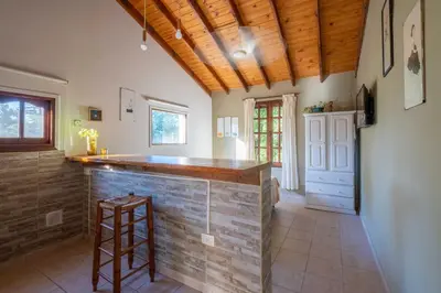 a kitchen with a counter and a wooden ceiling at Grace in Villa General Belgrano